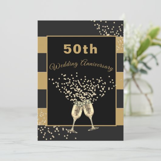 50ste trouwjubileum Zwart Goud Chic Elegant Kaart (Staand voorkant)