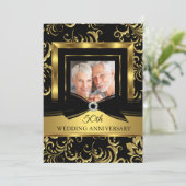 50ste trouwjubileum Zwart Goud Damast Foto Kaart (Staand voorkant)