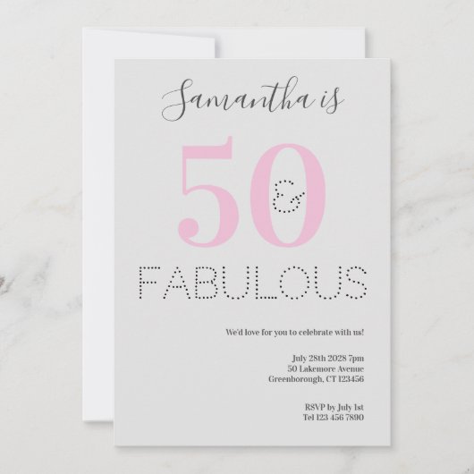 50ste verjaardag 50 en Fabulous Pink Grey Party Kaart (Voorkant)