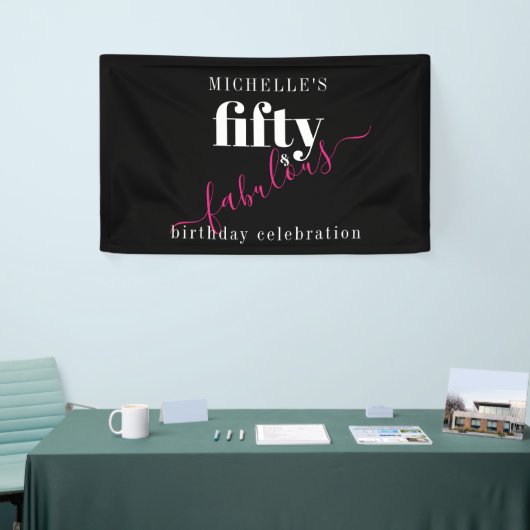 50ste verjaardag 50 & Fabulous Zwart & Roze Script Spandoek (Beurs)
