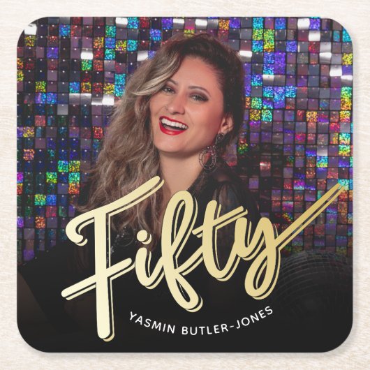 50ste verjaardag aangepaste foto gouden kleur kartonnen onderzetters (Voorkant)