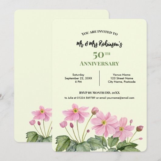 50ste verjaardag Aquarel Roze Japanse Anemoon Kaart (Voorkant / Achterkant)