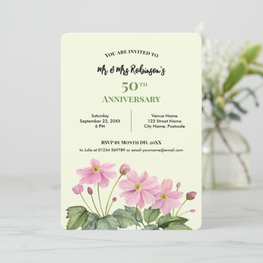 50ste verjaardag Aquarel Roze Japanse Anemoon Kaart (Staand voorkant)