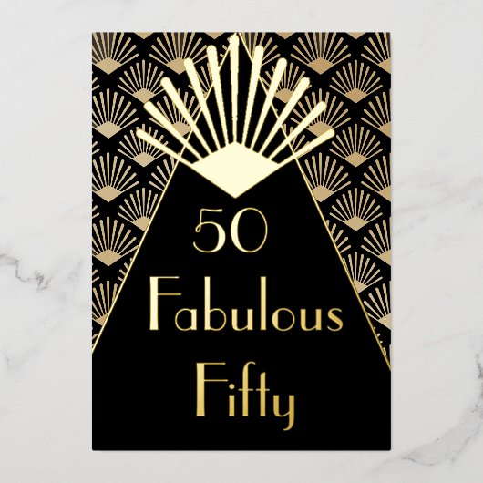 50ste verjaardag Art Deco Elegant Zwart Goud Folie Uitnodiging (Voorkant)