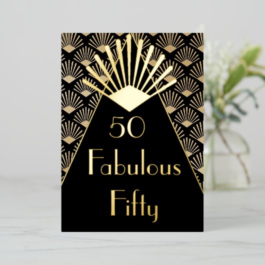 50ste verjaardag Art Deco Elegant Zwart Goud Folie Uitnodiging (Staand Voorkant)