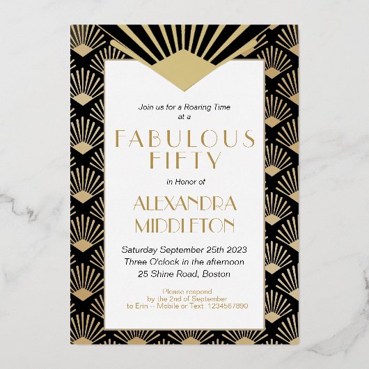 50ste verjaardag Art Deco Elegant Zwart Goud Folie Uitnodiging (Achterkant)