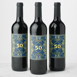 50ste verjaardag Art Deco Gold Blue Gatsby Wijn Etiket