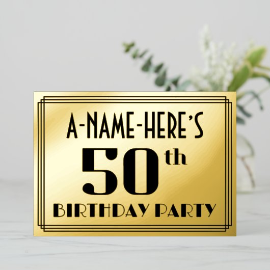 50ste verjaardag: Art Deco Kijk "50" en naam Folie Uitnodiging (Staand Voorkant)