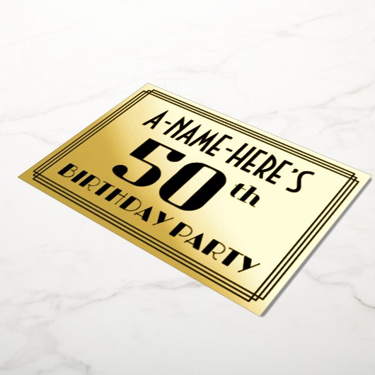 50ste verjaardag: Art Deco Kijk "50" en naam Folie Uitnodiging (Gedraaid)