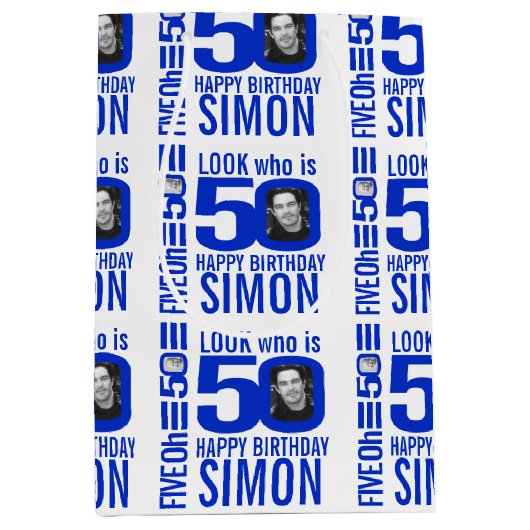 50ste verjaardag blauwe look 50 aangepaste foto na medium cadeauzakje (Voorkant)