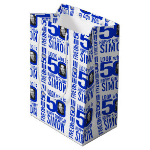 50ste verjaardag blauwe look 50 aangepaste foto na medium cadeauzakje