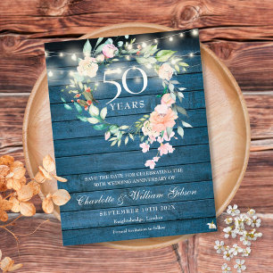 50ste verjaardag Blauwe Rustieke bloemensave the d Briefkaart