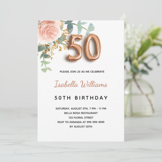 50ste verjaardag bloem roosgoud eucalyptus groenbl kaart (Staand voorkant)