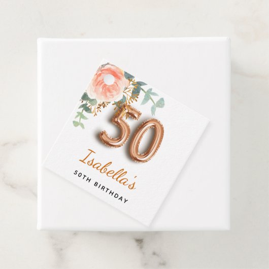 50ste verjaardag bloem roosgoud eucalyptus monogra bedankjes labels (In situ)