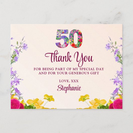 50ste verjaardag Bloemen bedankt 50 jaar feest Briefkaart (Voorkant)
