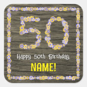 50ste verjaardag: Bloemgetal, Faux Wood Look, Naam Vierkante Sticker (Voorkant)