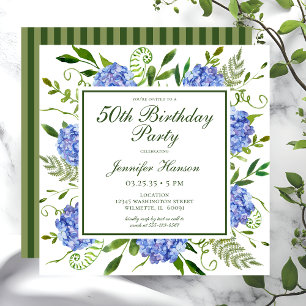 50ste verjaardag Blue Hydrangeas Script Kaart