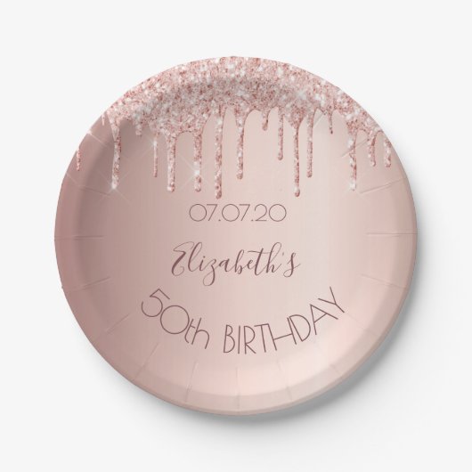 50ste verjaardag blush roos Gold Drips Naam Papieren Bordje (Voorkant)