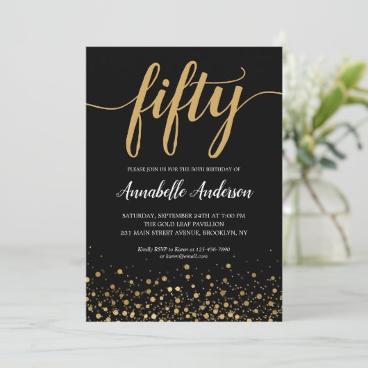 50ste verjaardag Elegant Zwart Goud Confetti Scrip Kaart (Staand voorkant)