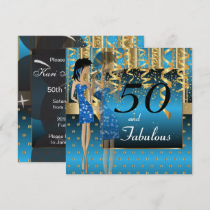 50ste Verjaardag Feest Meisjesfeest   Blauw & Goud Kaart