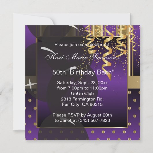 50ste verjaardag Feest Meisjesfeest | Paars & Goud Kaart (Achterkant)