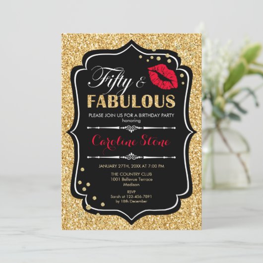 50ste verjaardag - Fifty Fabulous Goud Zwart Rood Kaart (Staand voorkant)