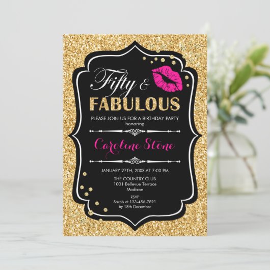 50ste verjaardag - Fifty Fabulous Goud Zwart Roze Kaart (Staand voorkant)