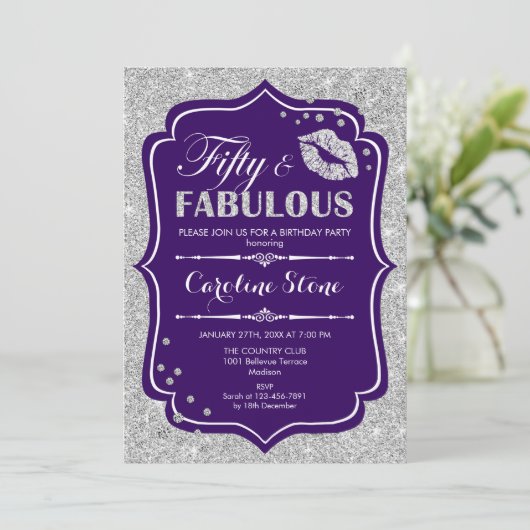 50ste verjaardag - Fifty Fabulous Paarse Silver Kaart (Staand voorkant)