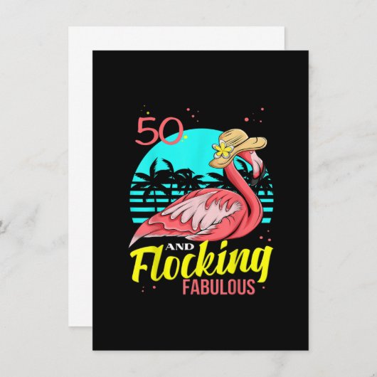50ste verjaardag, flamingo met hoed, palmbomen zon kaart (Voorkant / Achterkant)