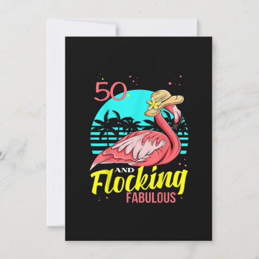 50ste verjaardag, flamingo met hoed, palmbomen zon kaart (Voorkant)
