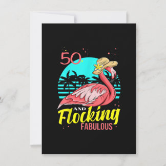50ste verjaardag, flamingo met hoed, palmbomen zon kaart