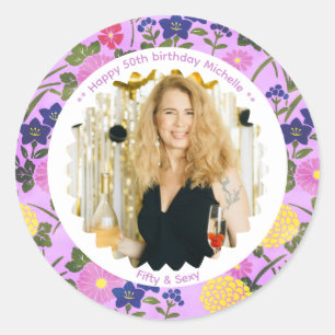 50ste verjaardag foto naam roze bloem elegant ronde sticker