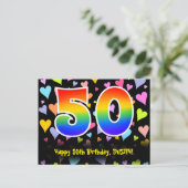 50ste verjaardag: Fun Hearts Pattern, Rainbow 50 Briefkaart (Staand voorkant)