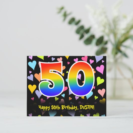 50ste verjaardag: Fun Hearts Pattern, Rainbow 50 Briefkaart (Staand voorkant)