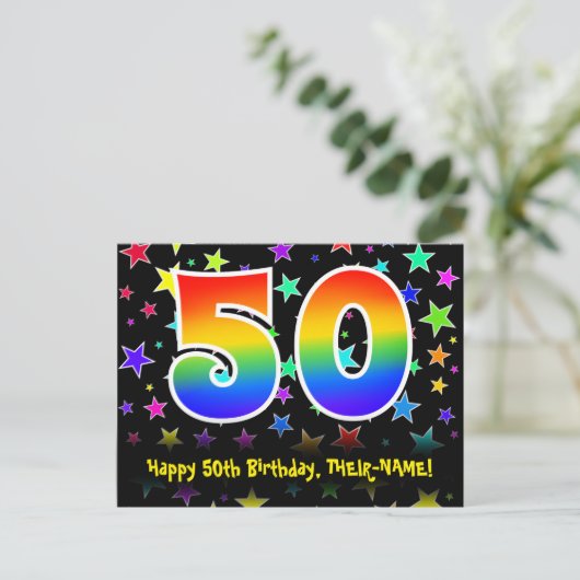 50ste verjaardag: Fun Stars Pattern, Rainbow 50, N Briefkaart (Staand voorkant)