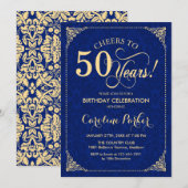 50ste verjaardag - Gold Navy Damask Kaart (Voorkant / Achterkant)