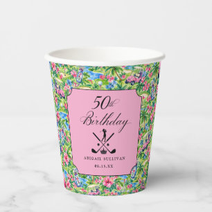 50ste verjaardag golf roze groene preppy print papieren bekers