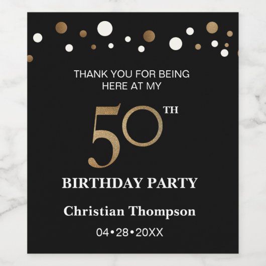 50ste verjaardag, goud en zwart thema, dank je wijn etiket (Enkel label)