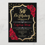 50ste verjaardag - Goud Zwart Rood Rozen Kaart<br><div class="desc">50e verjaardag viering uitnodiging. Elegant zwart design met faux glitter goud en rode rozen. Perfect voor een elegant verjaardagsfeestje. Kan worden aangepast in elke leeftijd.</div>