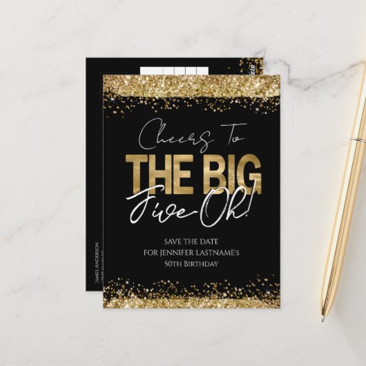 50ste verjaardag Goud Zwart Save the Date ansichtk Briefkaart (Voorkant / Achterkant in situ)
