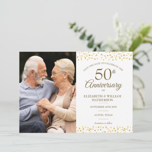 50ste verjaardag Gouden Harten 2 Foto Save the Dat Aankondiging (Staand voorkant)