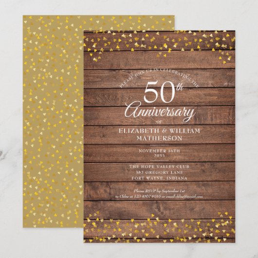 50ste verjaardag Gouden Harten Rustiek Hout Kaart (Voorkant / Achterkant)