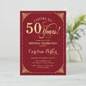 50ste verjaardag - Gouden rode damast Kaart (Staand voorkant)