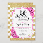 50ste verjaardag - Gouden witte strepen roze rozen Kaart (Voorkant / Achterkant)