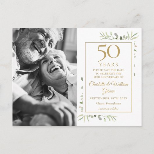 50ste verjaardag groen 2 foto's save the date aankondigingskaart (Voorkant)