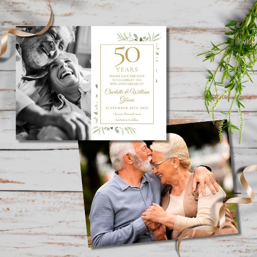 50ste verjaardag groen 2 foto's save the date aankondigingskaart
