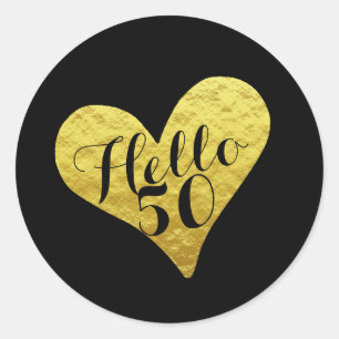 50ste verjaardag  Hallo 50 Zwart   Nep gouden hart Ronde Sticker