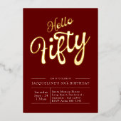 50ste verjaardag Hello Fifty Rood Goud Folie Uitnodiging (Voorkant)