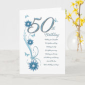 50ste verjaardag in blauwgroen met bloemen en vlin kaart (Gele Bloem)