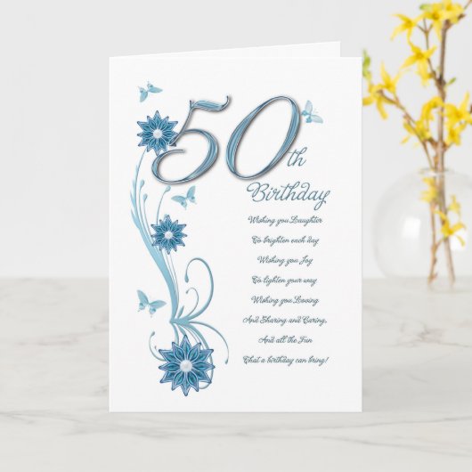 50ste verjaardag in blauwgroen met bloemen en vlin kaart (Gele Bloem)